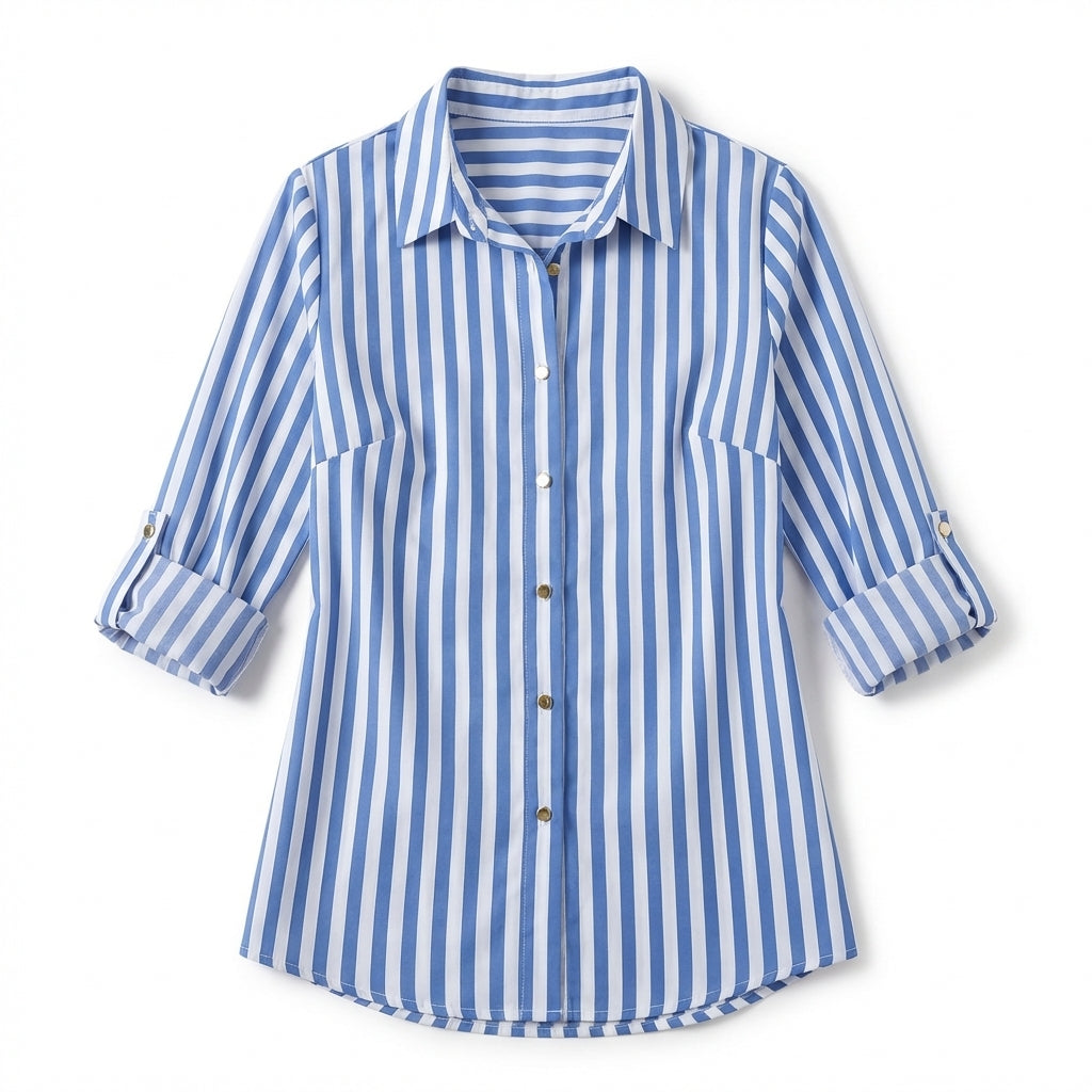 Women’s Button Front Blouse – Collared Roll Tab Sleeve