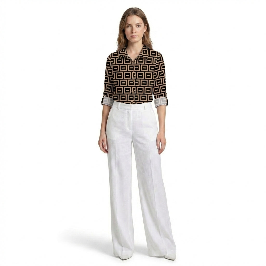 Women’s Button Front Blouse – Collared Roll Tab Sleeve