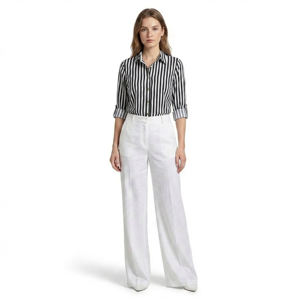 Women’s Button Front Blouse – Collared Roll Tab Sleeve