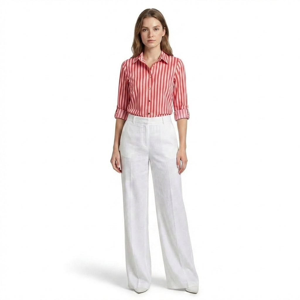 Women’s Button Front Blouse – Collared Roll Tab Sleeve