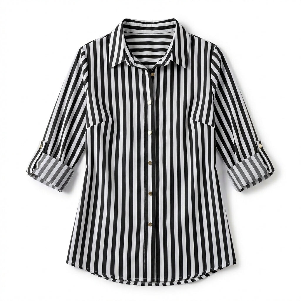 Women’s Button Front Blouse – Collared Roll Tab Sleeve