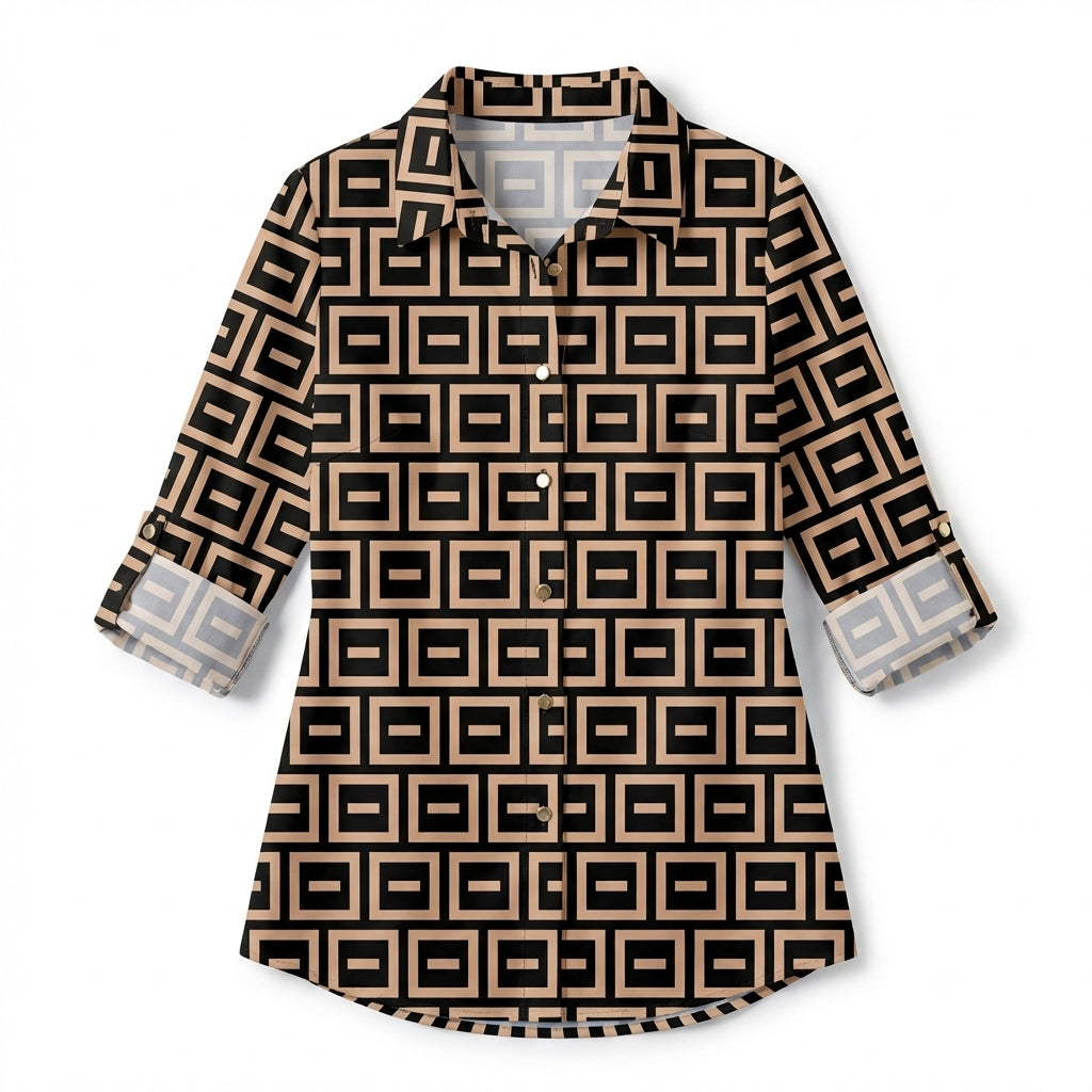 Women’s Button Front Blouse – Collared Roll Tab Sleeve