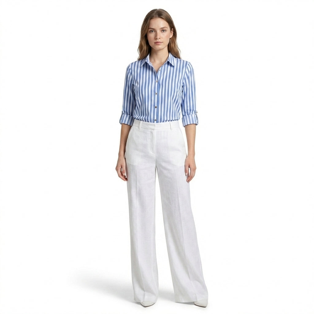 Women’s Button Front Blouse – Collared Roll Tab Sleeve