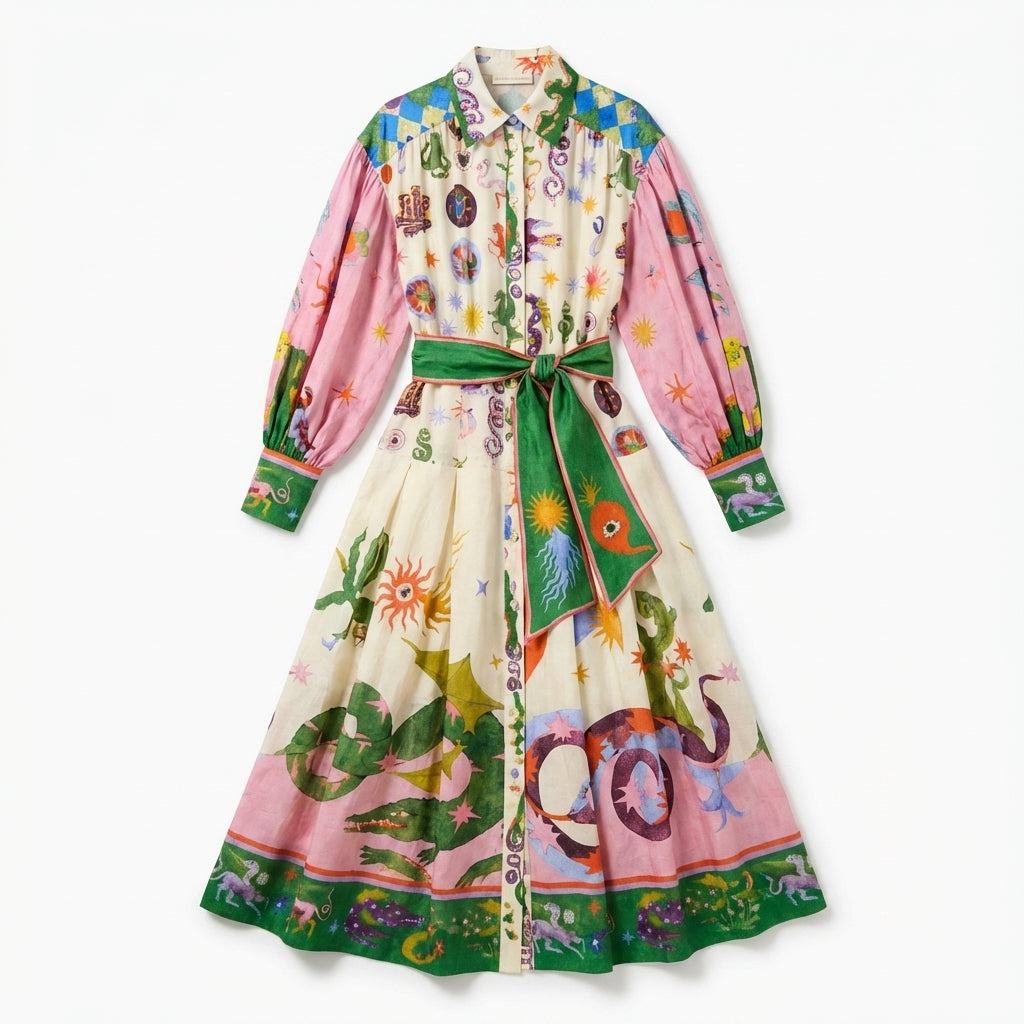 Women’s Button Front Maxi Dress – Long Sleeve Tie Waist