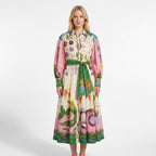 Women’s Button Front Maxi Dress – Long Sleeve Tie Waist
