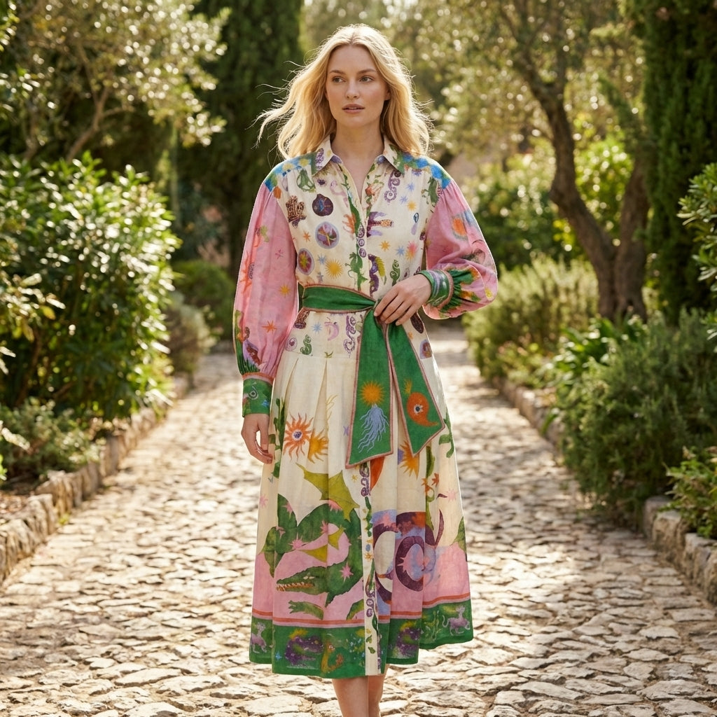 Women’s Button Front Maxi Dress – Long Sleeve Tie Waist