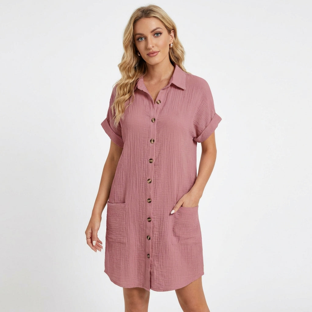 Women’s Button Front Shirt Dress – Short Sleeve Pocket Design