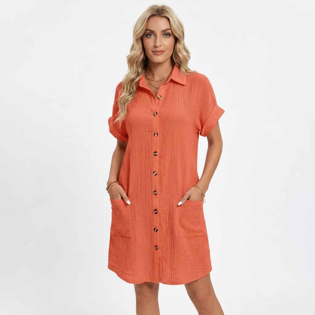 Women’s Button Front Shirt Dress – Short Sleeve Pocket Design