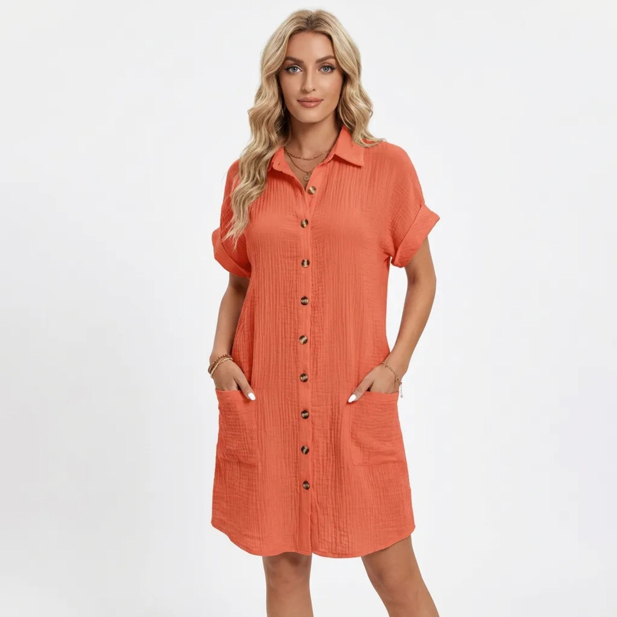 Women’s Button Front Shirt Dress – Short Sleeve Pocket Design