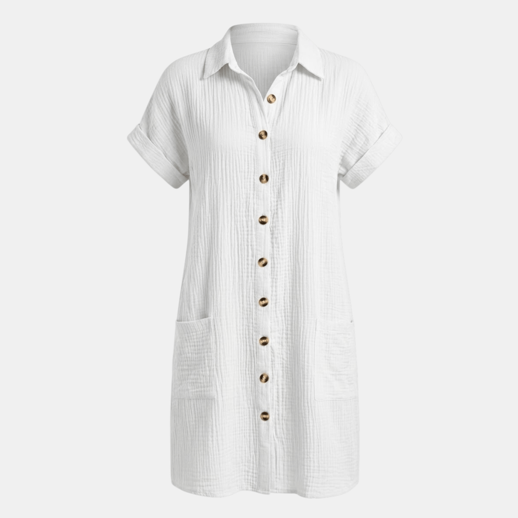 Women’s Button Front Shirt Dress – Short Sleeve Pocket Design