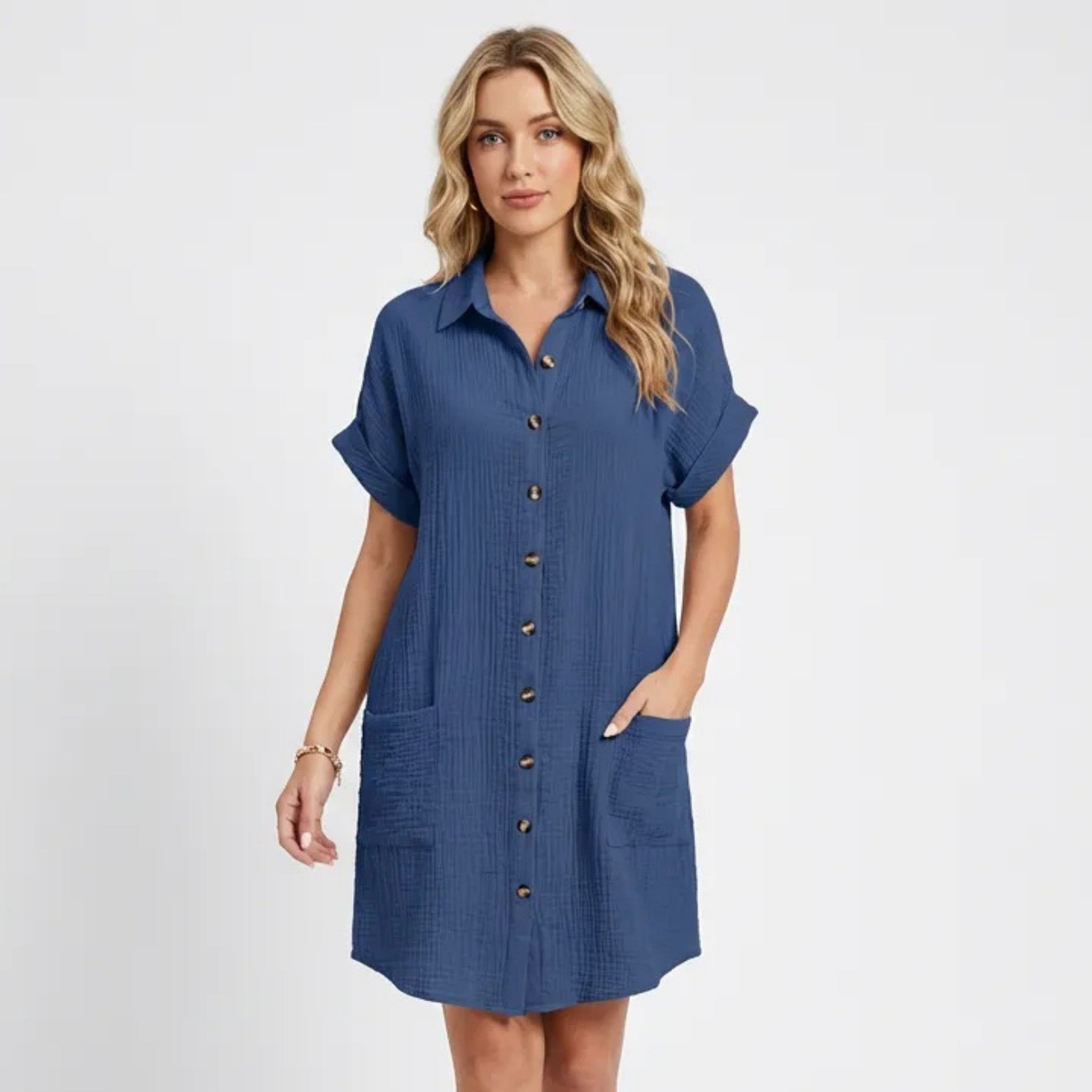 Women’s Button Front Shirt Dress – Short Sleeve Pocket Design