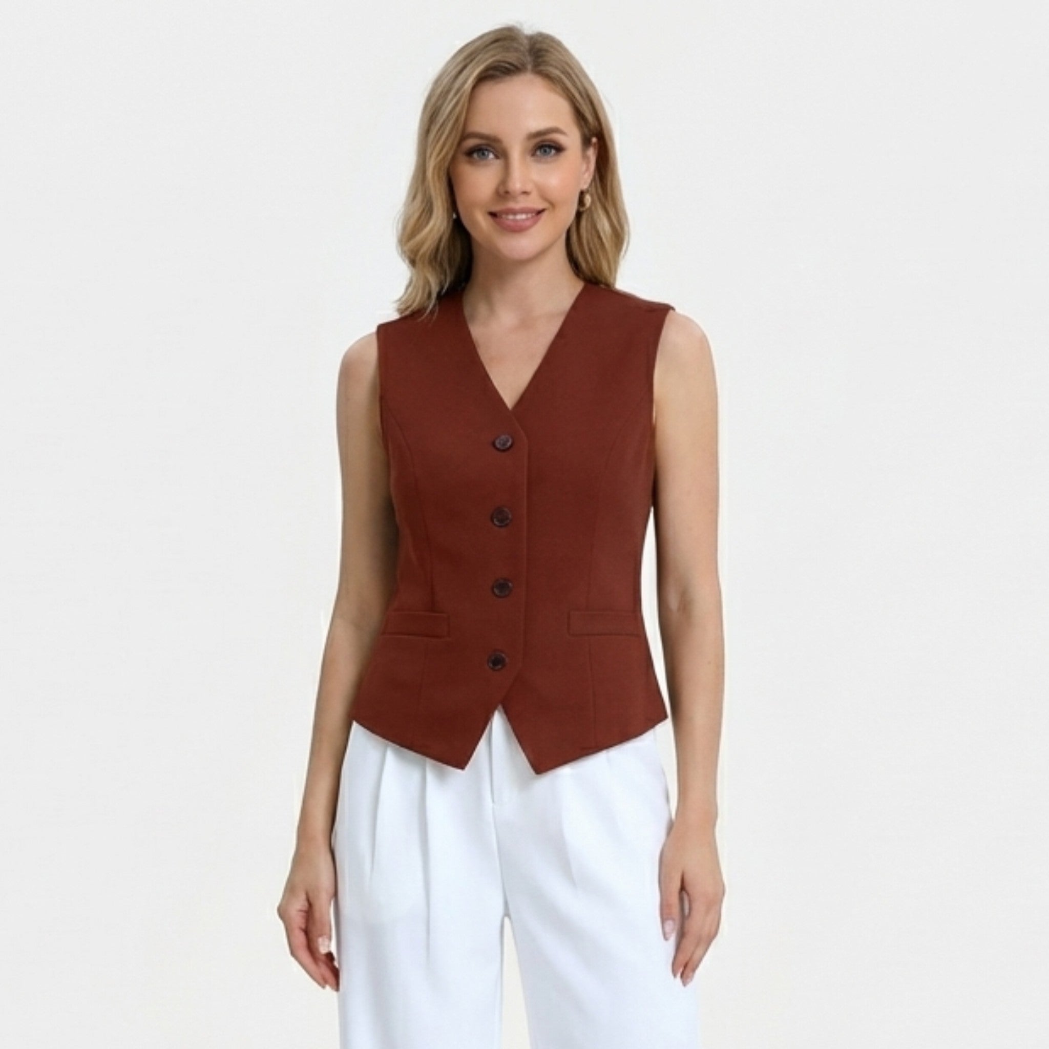 Women’s Button Front Vest – Sleeveless V-Neck