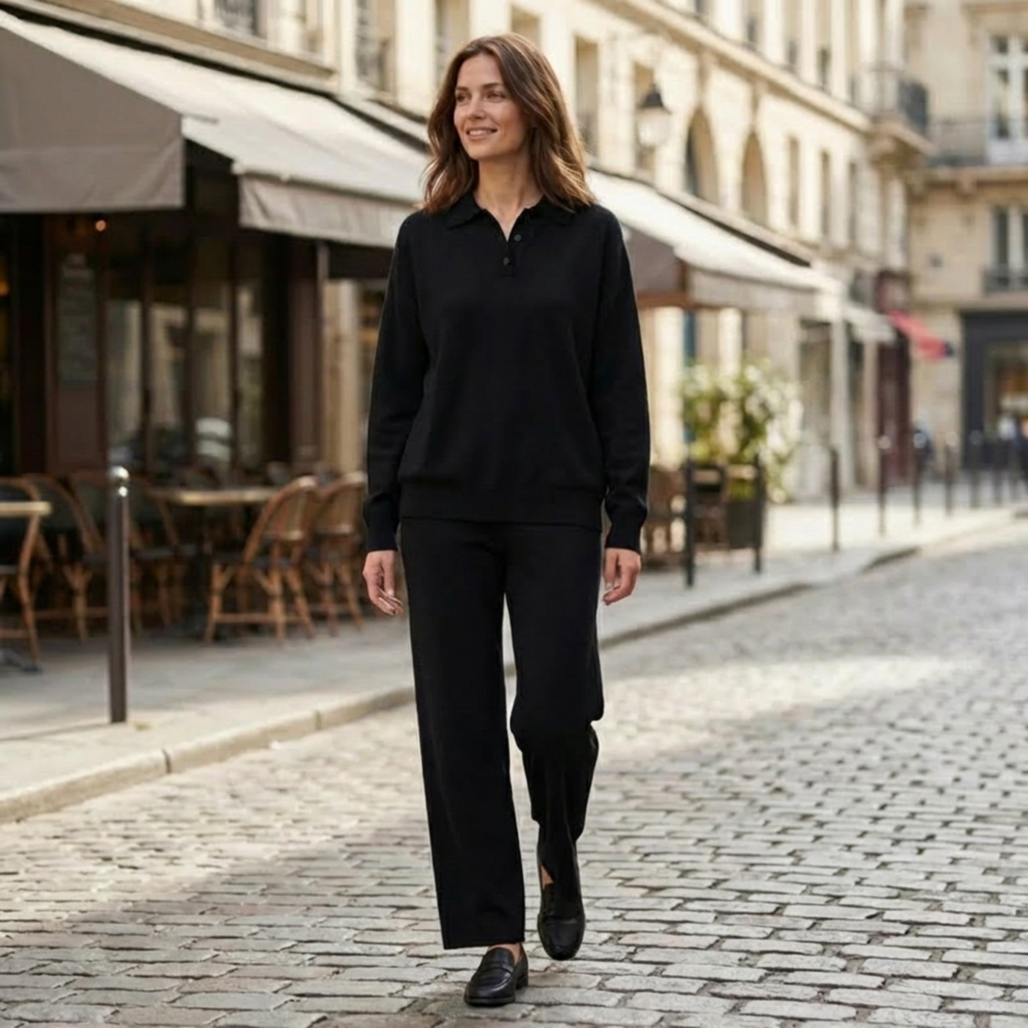 Women’s Collared Two Piece Set – Relaxed Fit Pullover and Wide Leg Pants
