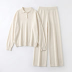 Women’s Collared Two Piece Set – Relaxed Fit Pullover and Wide Leg Pants
