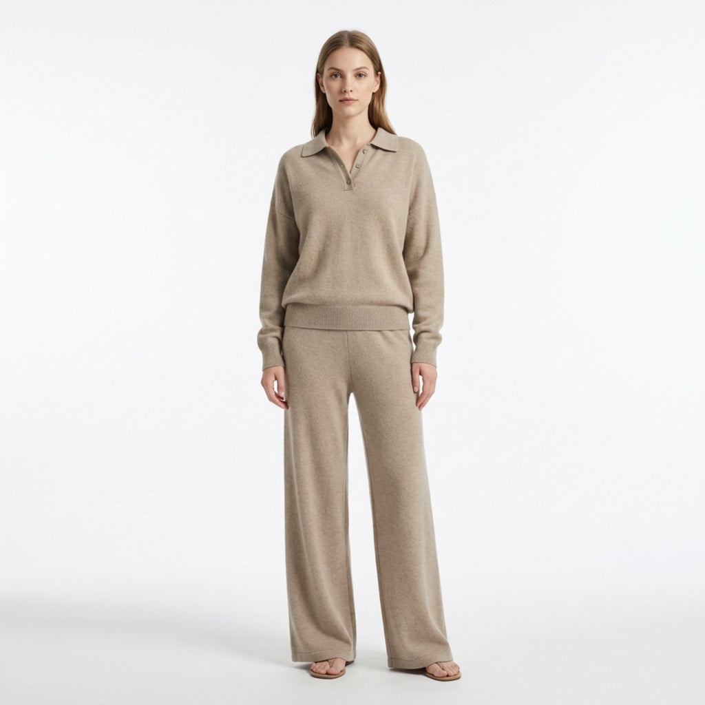Women’s Collared Two Piece Set – Relaxed Fit Pullover and Wide Leg Pants
