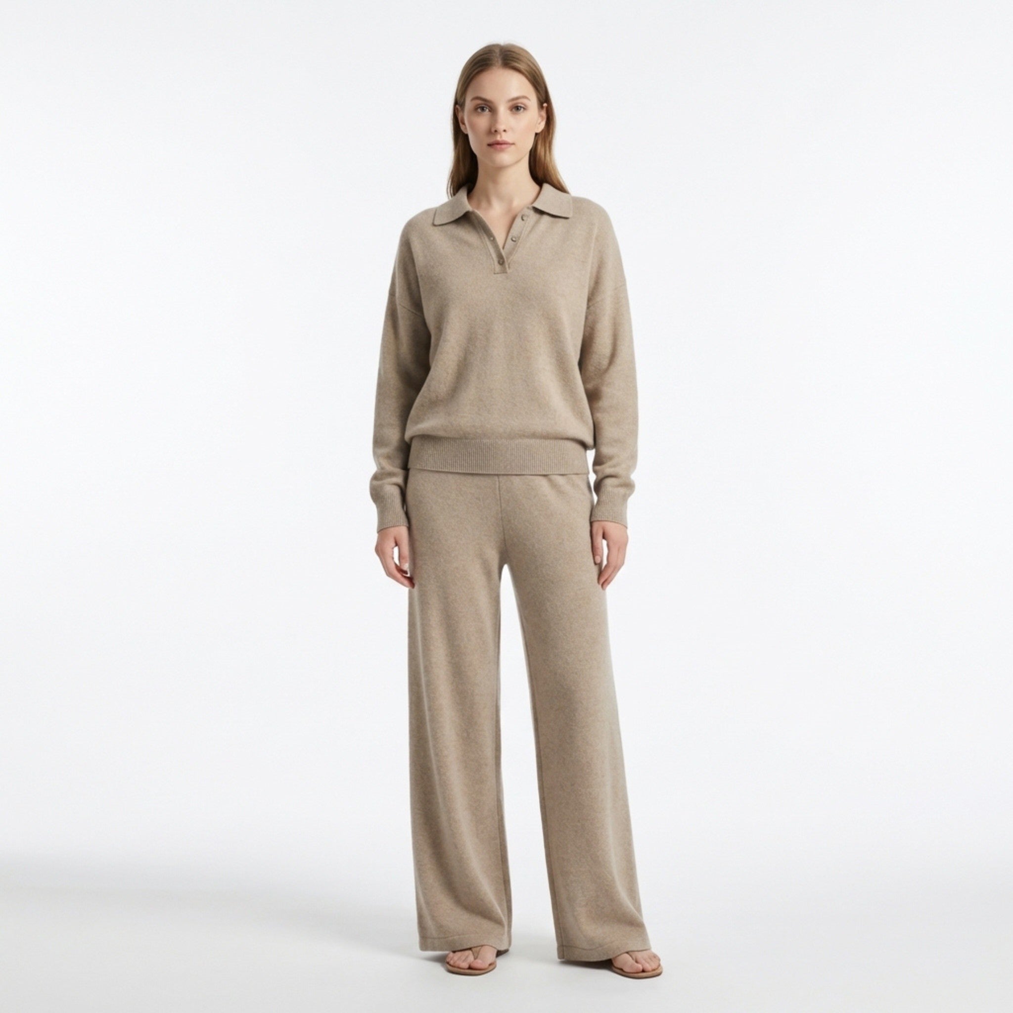 Women’s Collared Two Piece Set – Relaxed Fit Pullover and Wide Leg Pants