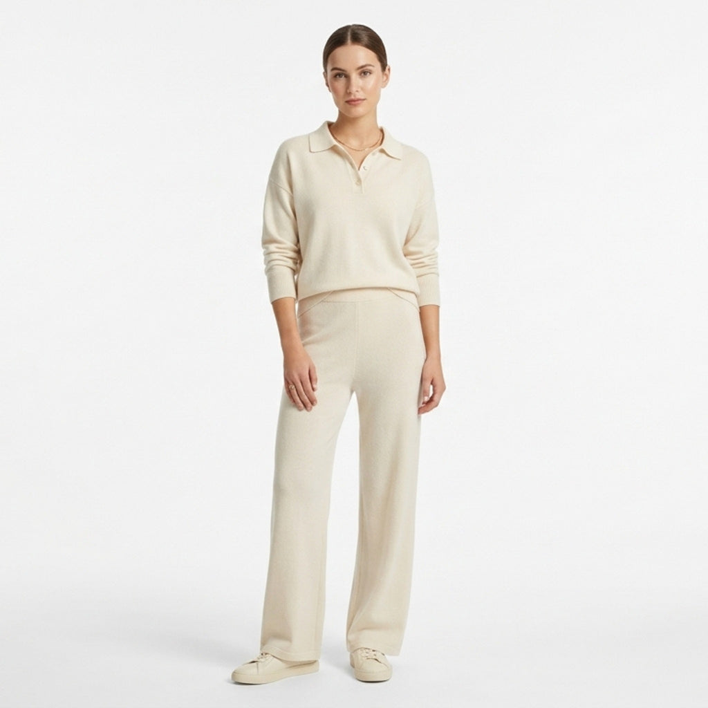 Women’s Collared Two Piece Set – Relaxed Fit Pullover and Wide Leg Pants