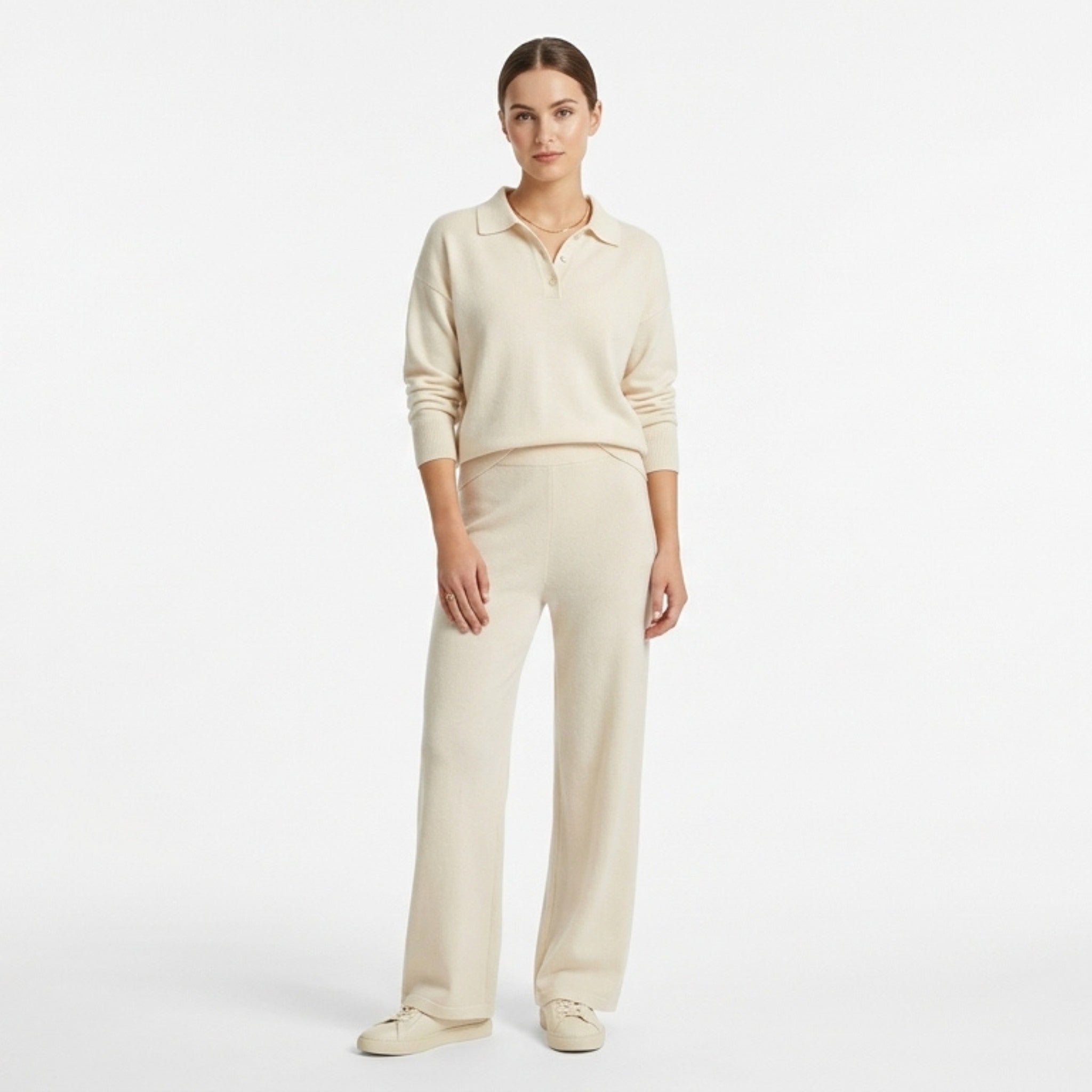Women’s Collared Two Piece Set – Relaxed Fit Pullover and Wide Leg Pants