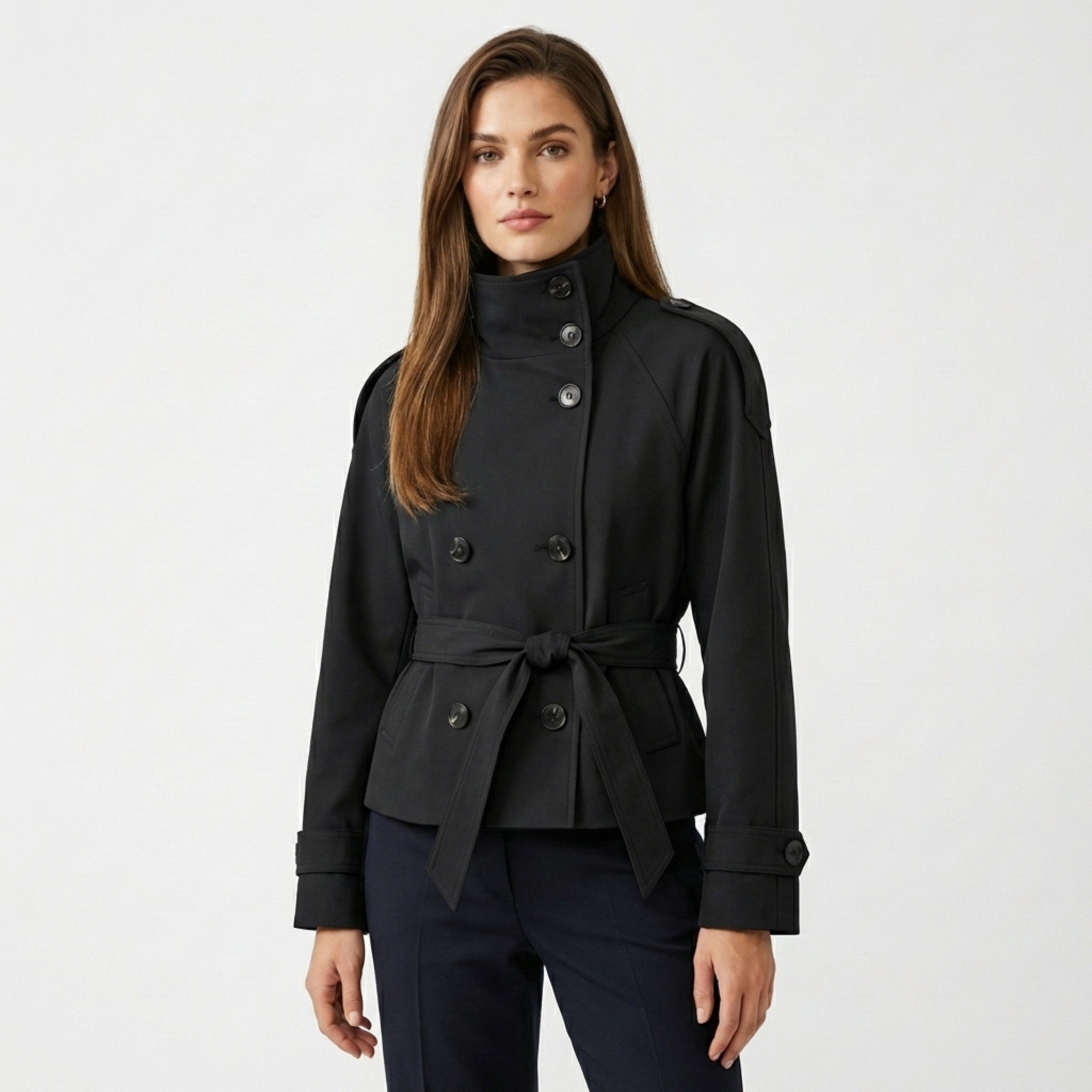 Women’s Cropped Trench Coat – Double Breasted Belted