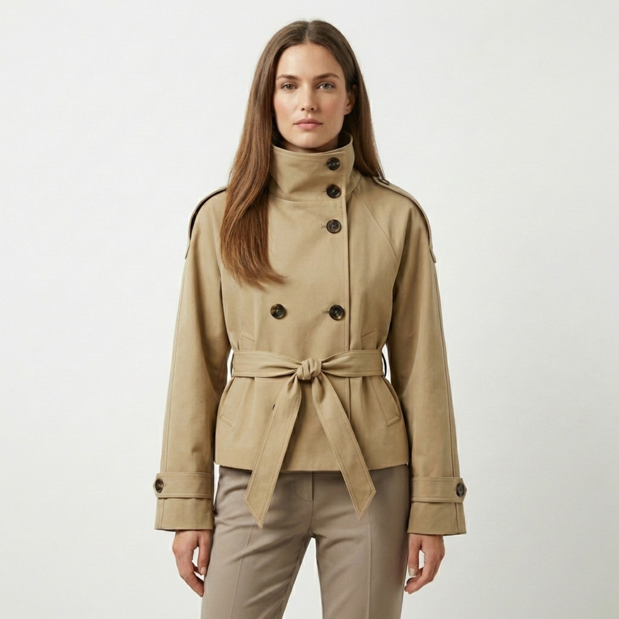 Women’s Cropped Trench Coat – Double Breasted Belted