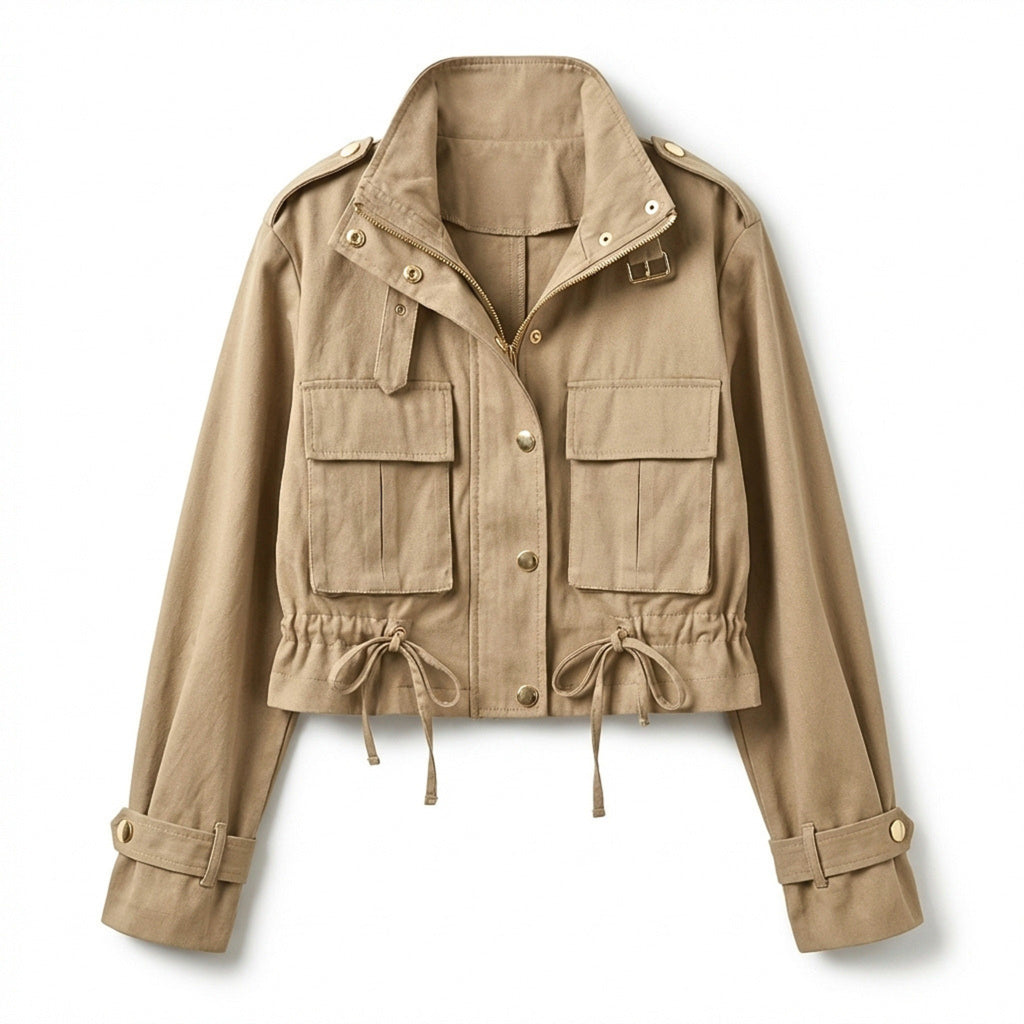 Women’s Cropped Utility Jacket – Drawstring Zip Front