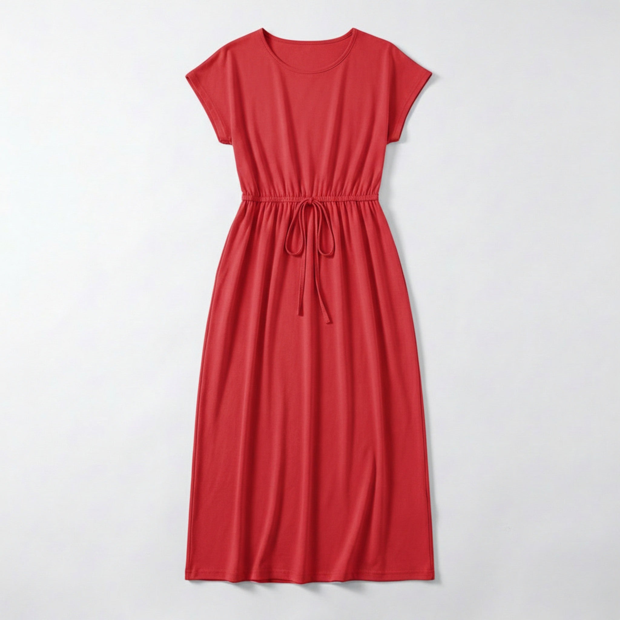 Women’s Drawstring Waist Maxi Dress – Round Neck Straight Fit