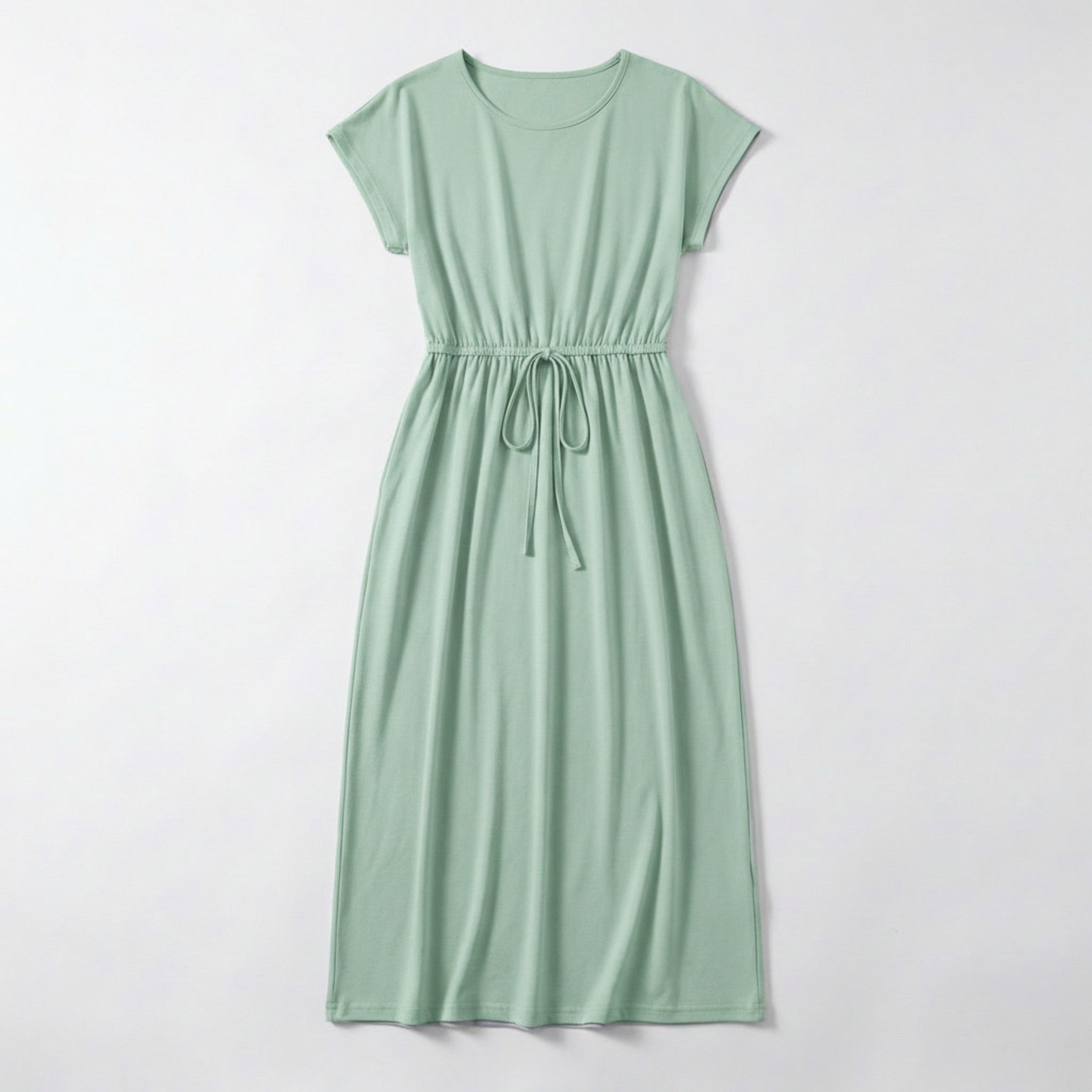 Women’s Drawstring Waist Maxi Dress – Round Neck Straight Fit