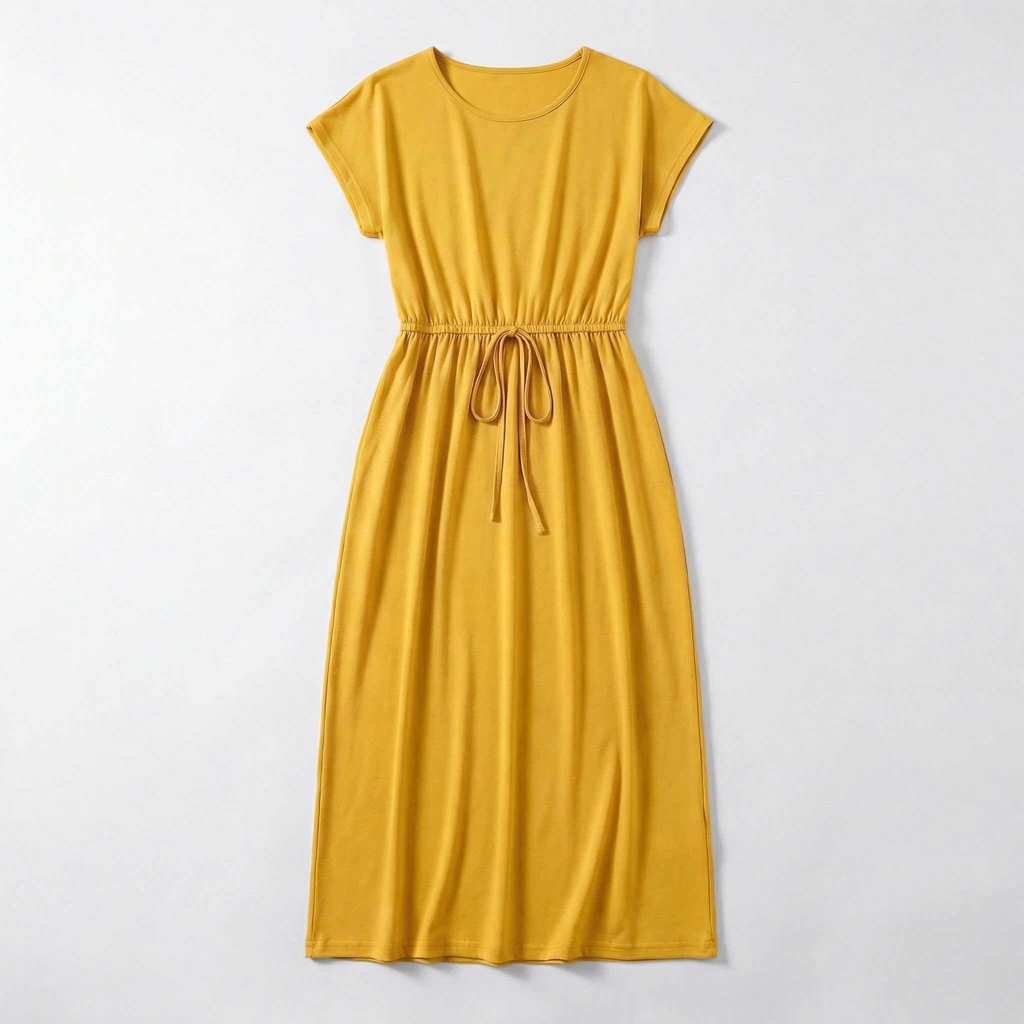Women’s Drawstring Waist Maxi Dress – Round Neck Straight Fit