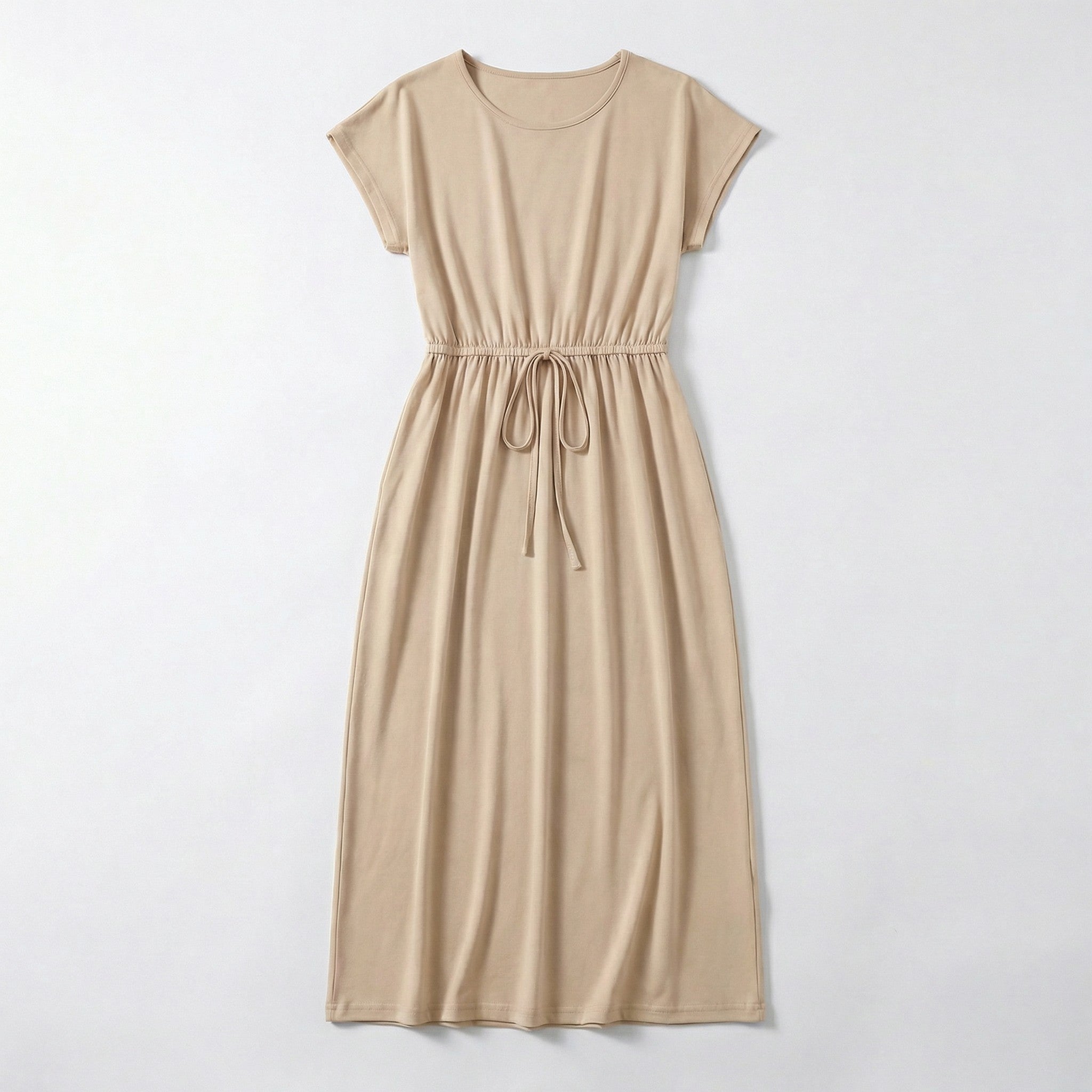 Women’s Drawstring Waist Maxi Dress – Round Neck Straight Fit