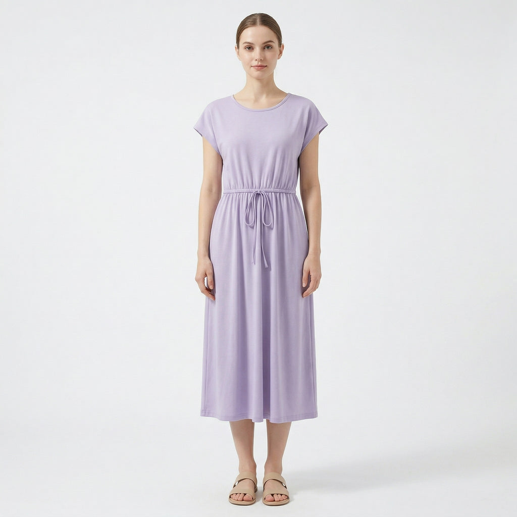 Women’s Drawstring Waist Maxi Dress – Round Neck Straight Fit