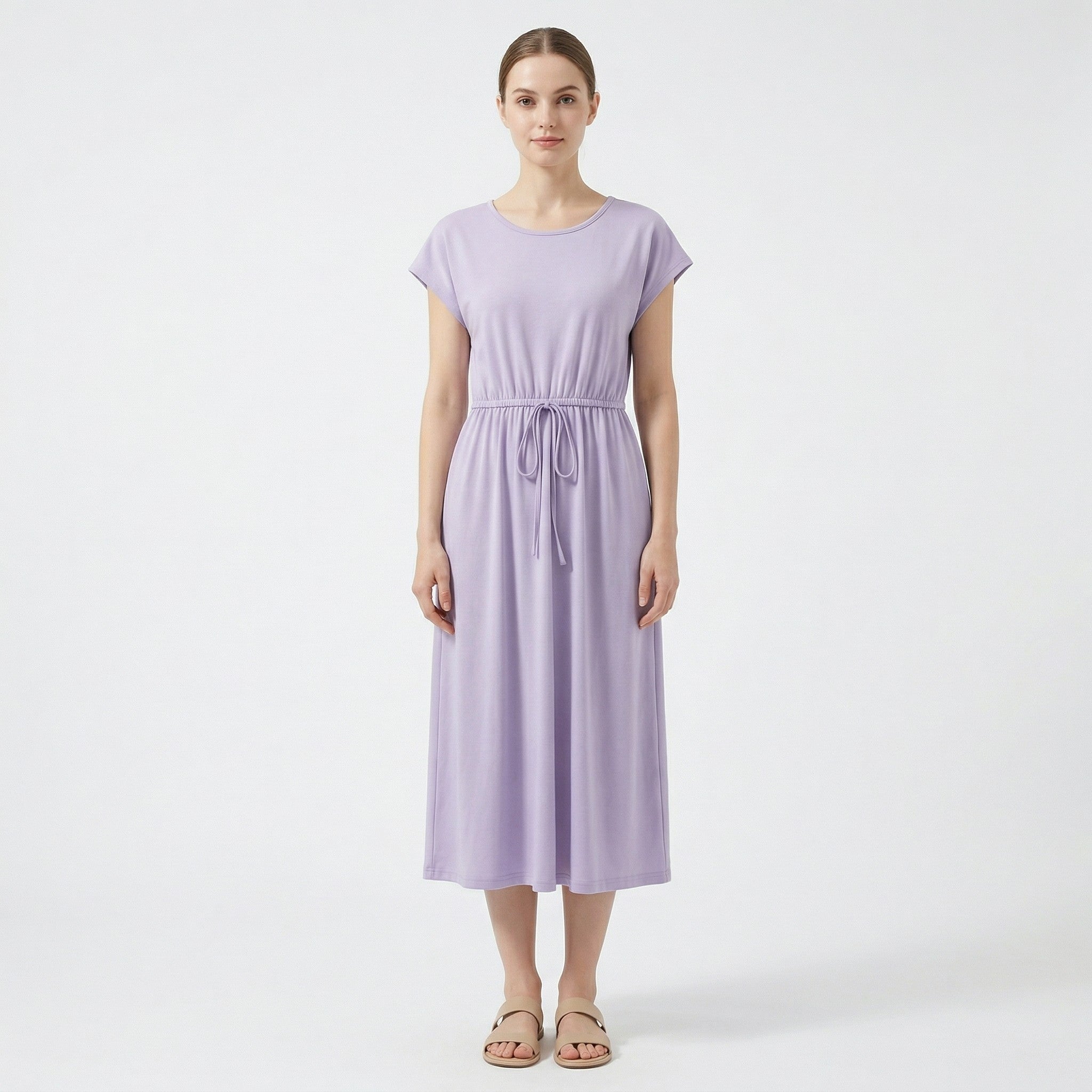 Women’s Drawstring Waist Maxi Dress – Round Neck Straight Fit