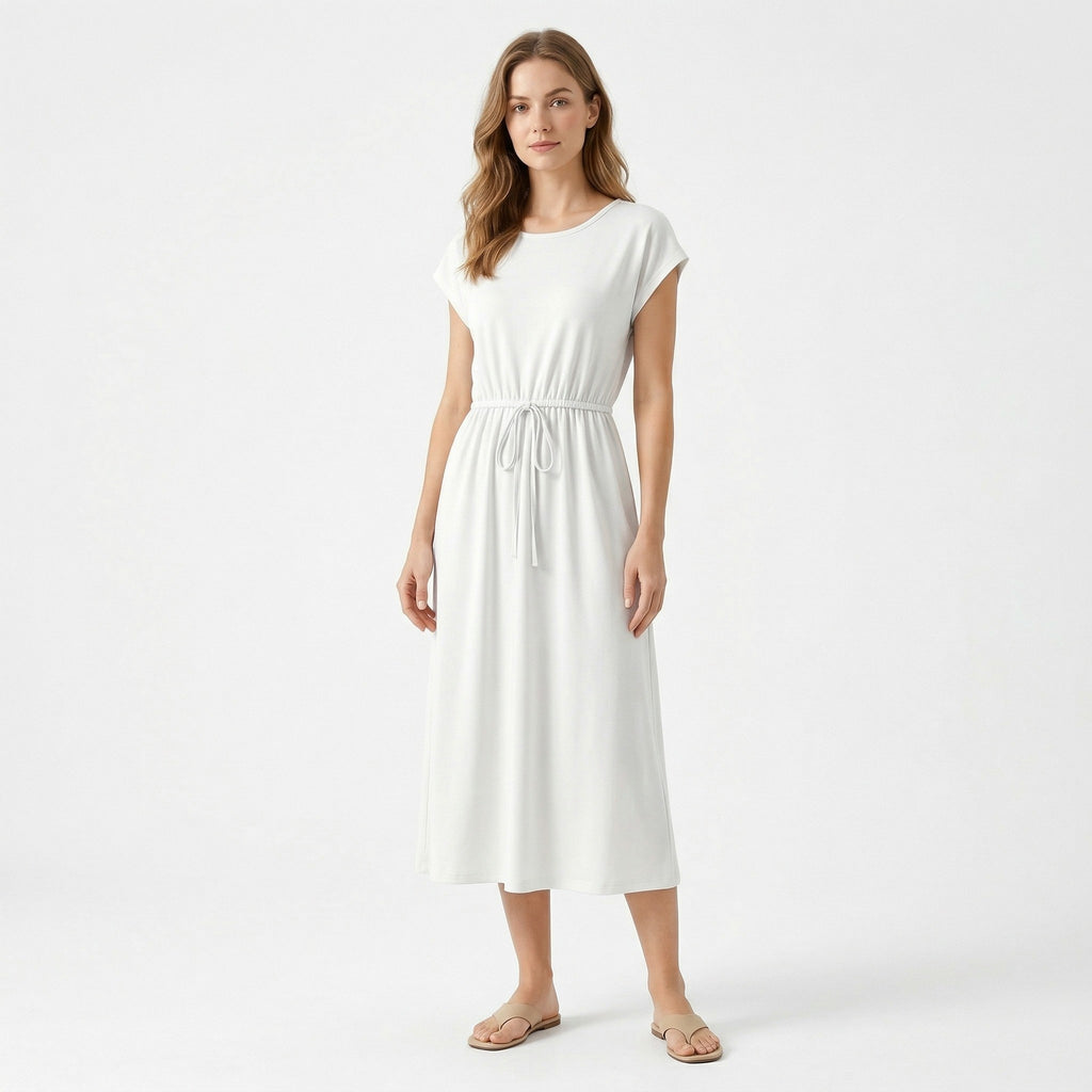 Women’s Drawstring Waist Maxi Dress – Round Neck Straight Fit