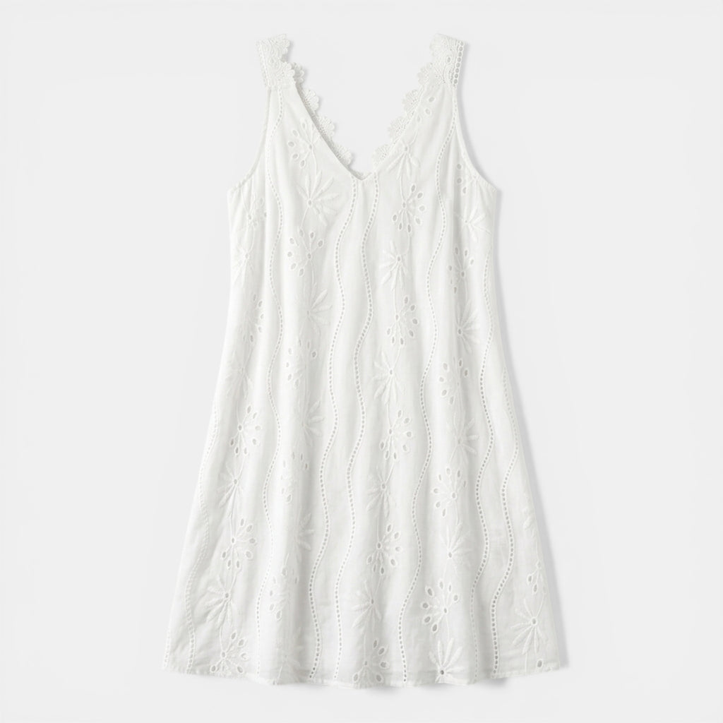 Women’s Embroidered Sleeveless Dress – V-Back Lace Trim