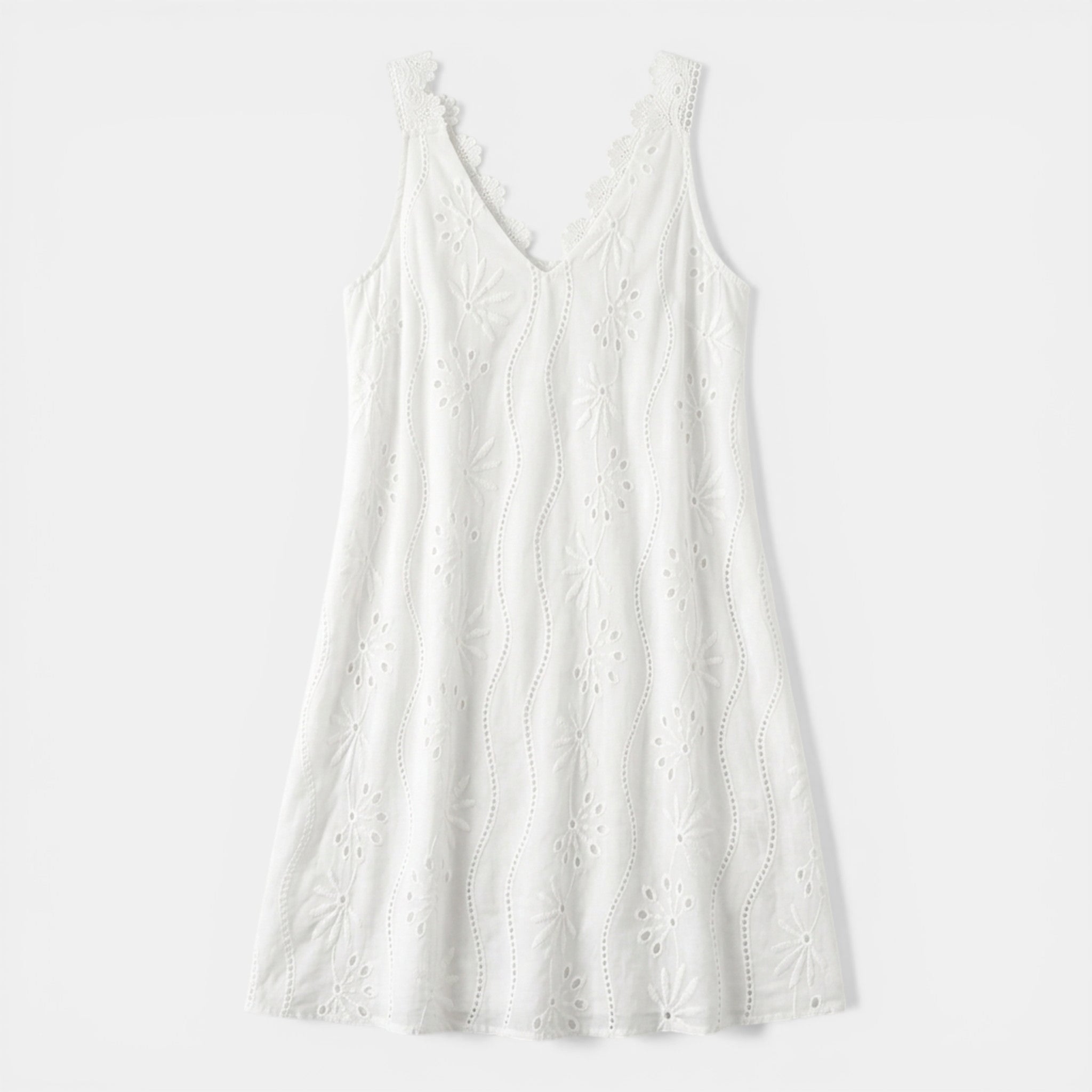 Women’s Embroidered Sleeveless Dress – V-Back Lace Trim