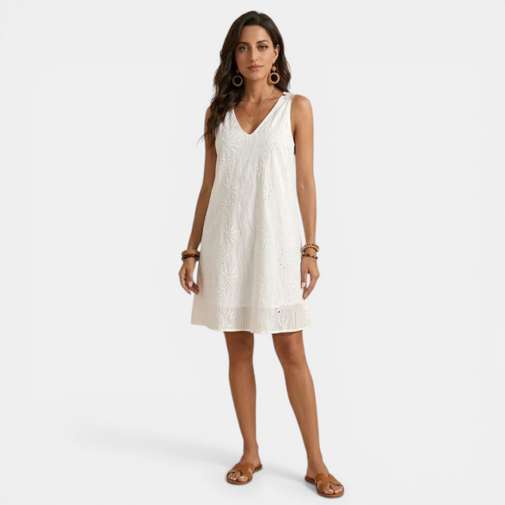 Women’s Embroidered Sleeveless Dress – V-Back Lace Trim