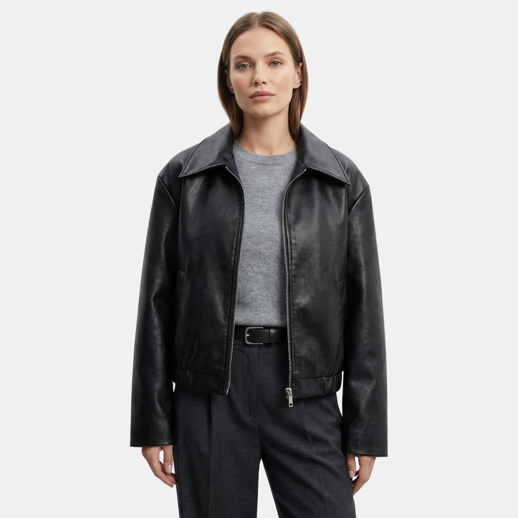 Women’s Faux Leather Jacket – Zip Front Lapel Design