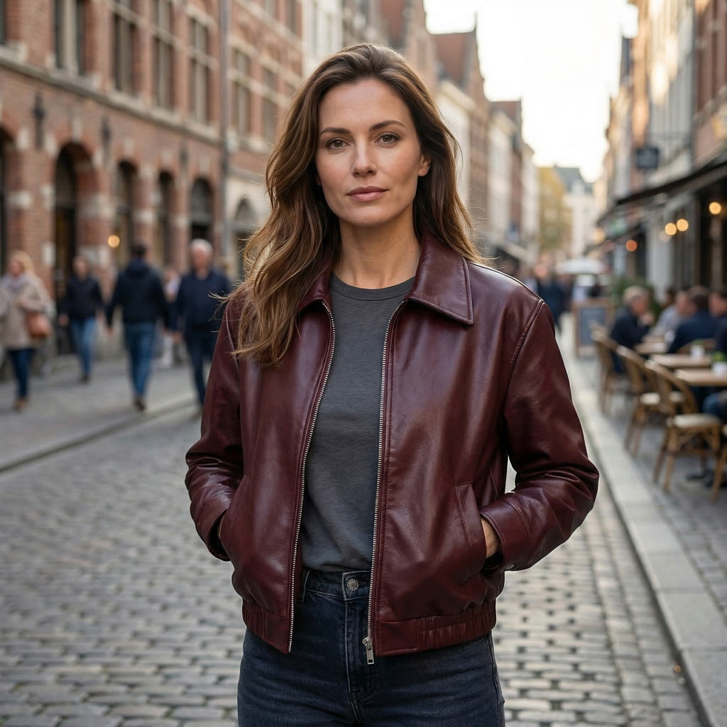 Women’s Faux Leather Jacket – Zip Front Lapel Design