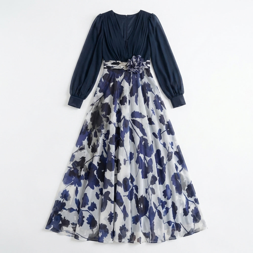 Women’s V Neck Maxi Dress – A Line Chiffon