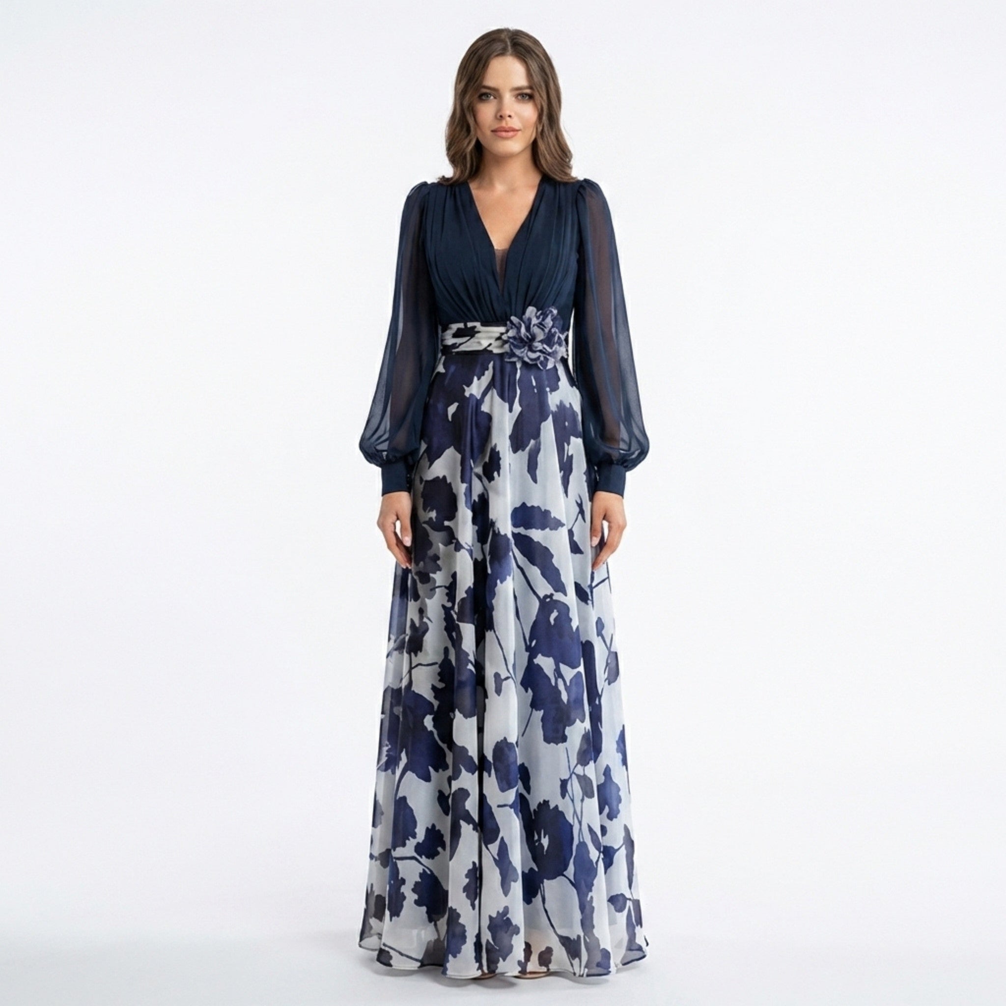 Women’s V Neck Maxi Dress – A Line Chiffon
