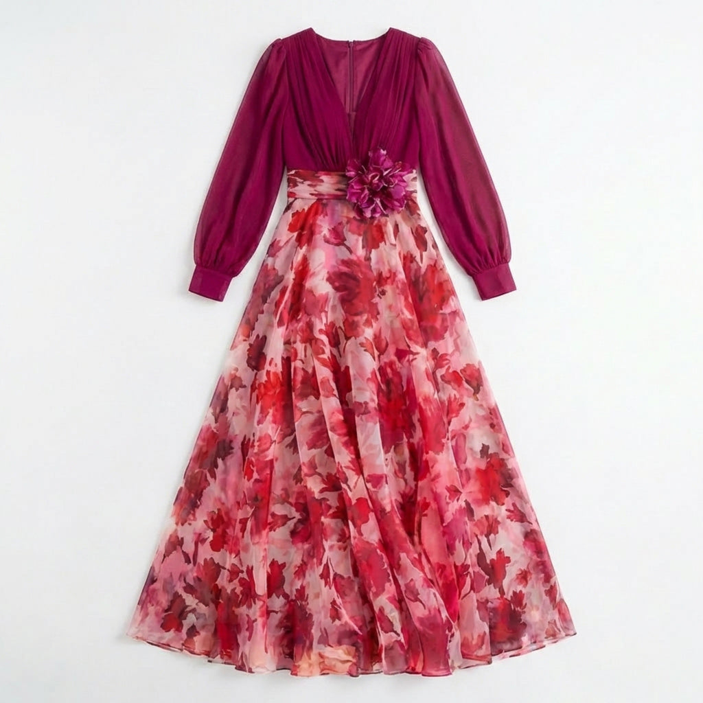 Women’s V Neck Maxi Dress – A Line Chiffon