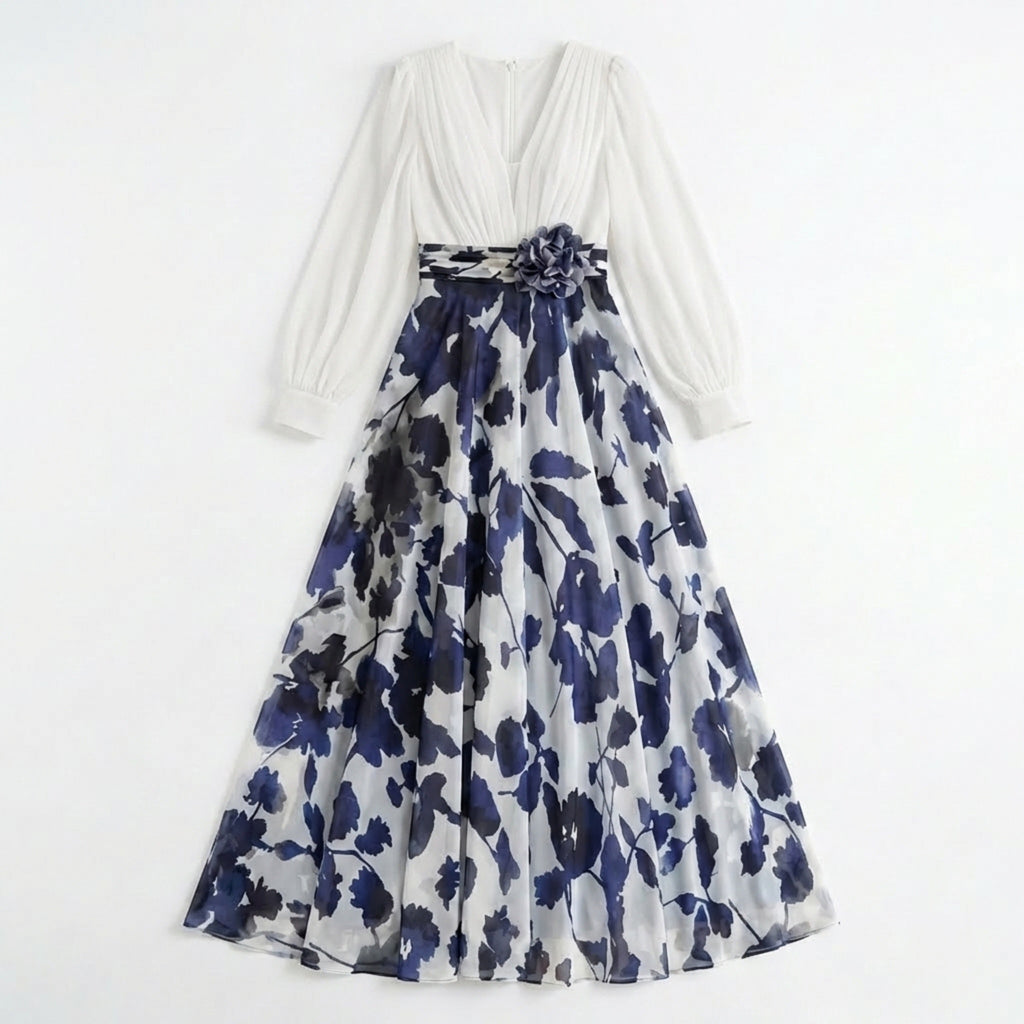 Women’s V Neck Maxi Dress – A Line Chiffon