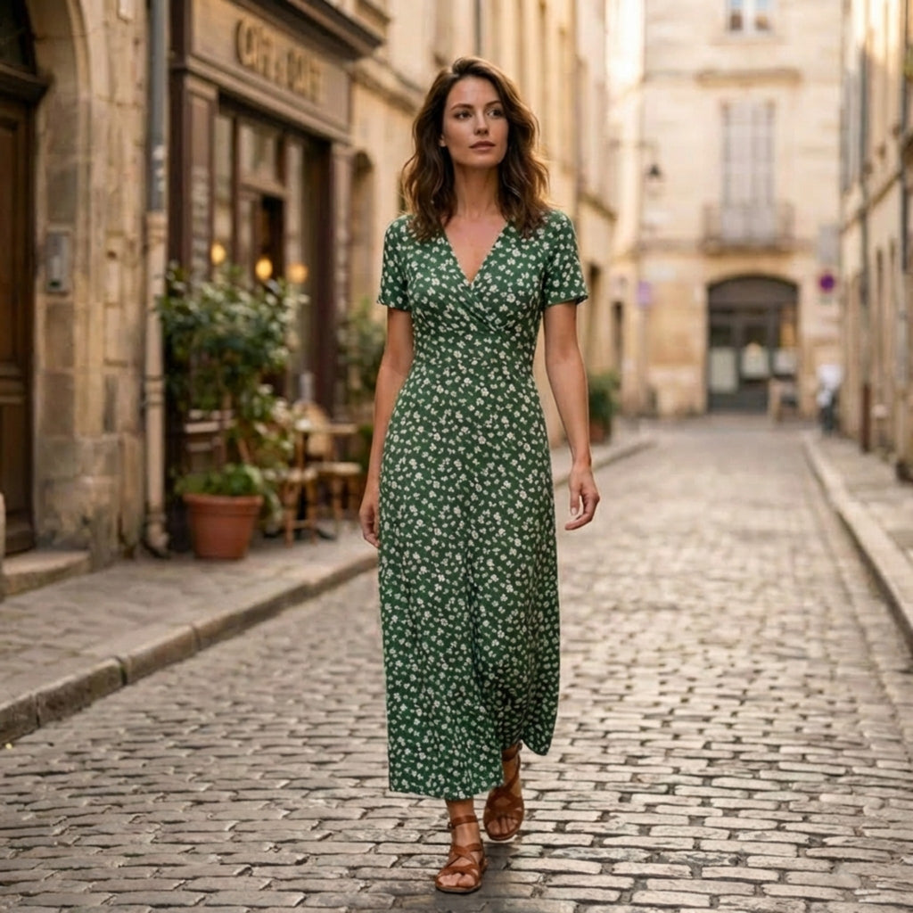 Women’s Floral Maxi Dress – V-Neck Short Sleeve