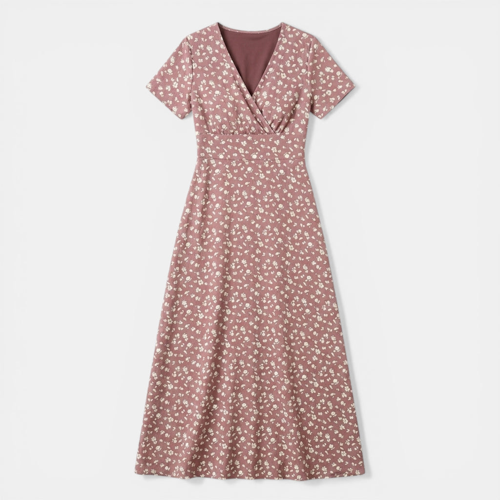 Women’s Floral Maxi Dress – V-Neck Short Sleeve