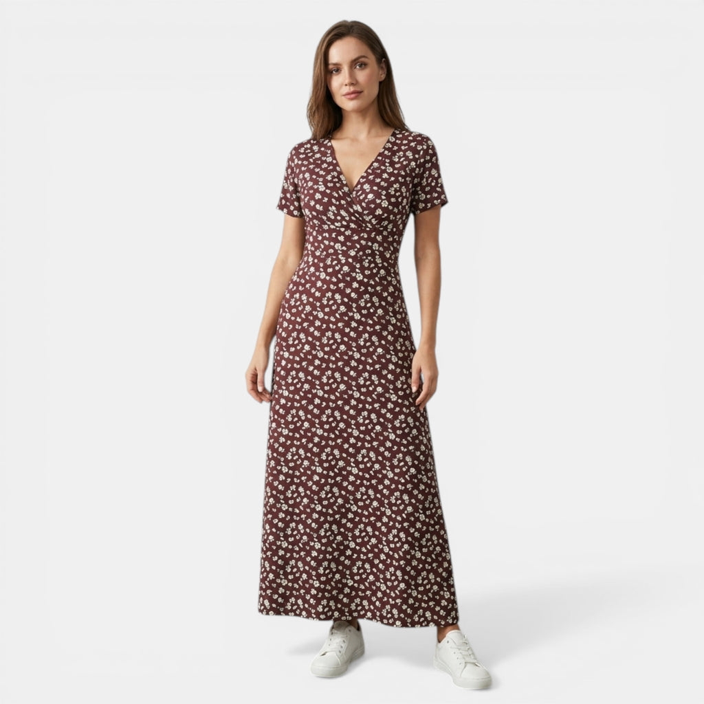 Women’s Floral Maxi Dress – V-Neck Short Sleeve