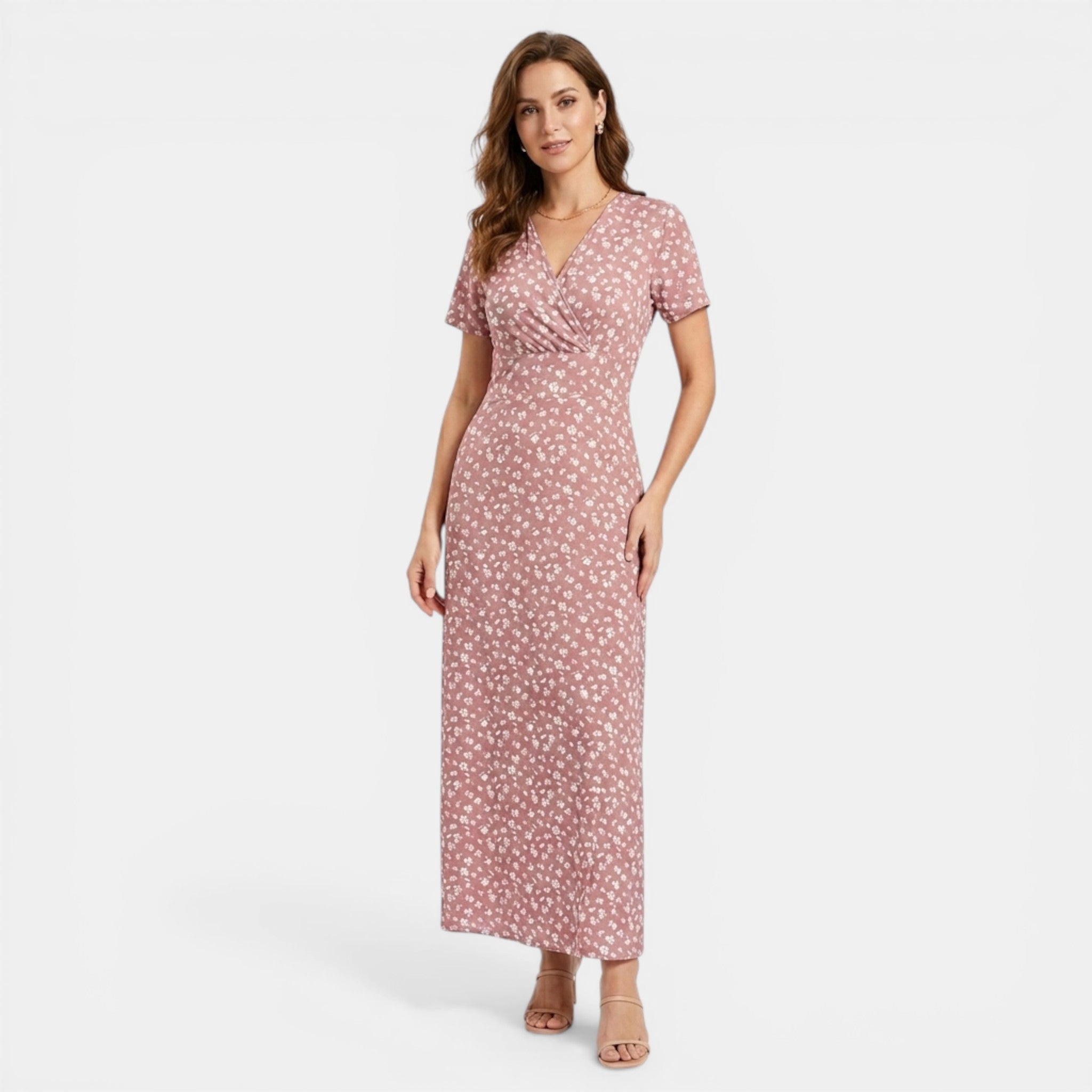 Women’s Floral Maxi Dress – V-Neck Short Sleeve