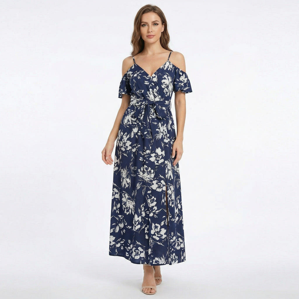 Women’s Floral Print Maxi Dress – Cold Shoulder Belted Style