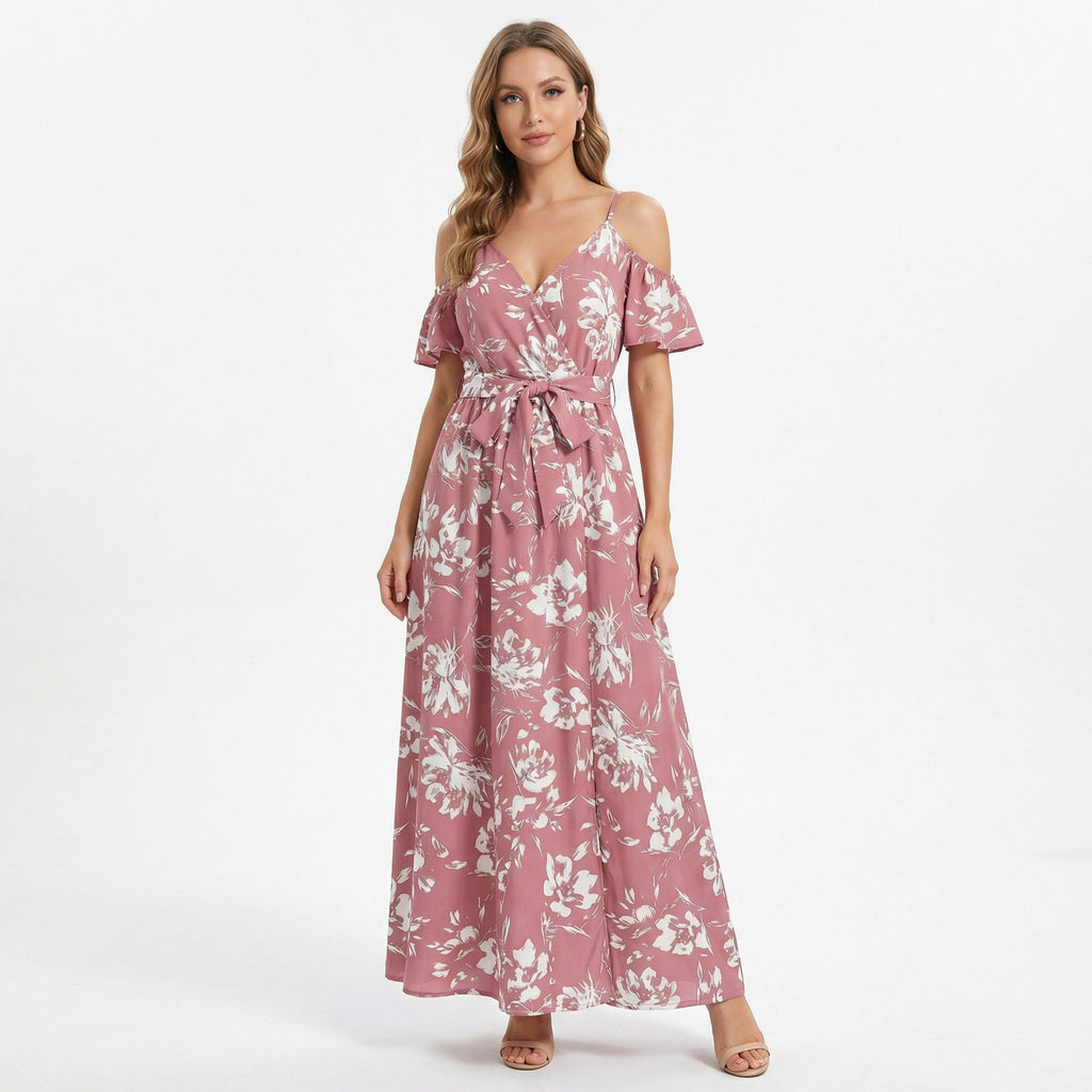 Women’s Floral Print Maxi Dress – Cold Shoulder Belted Style