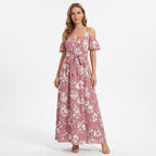 Women’s Floral Print Maxi Dress – Cold Shoulder Belted Style