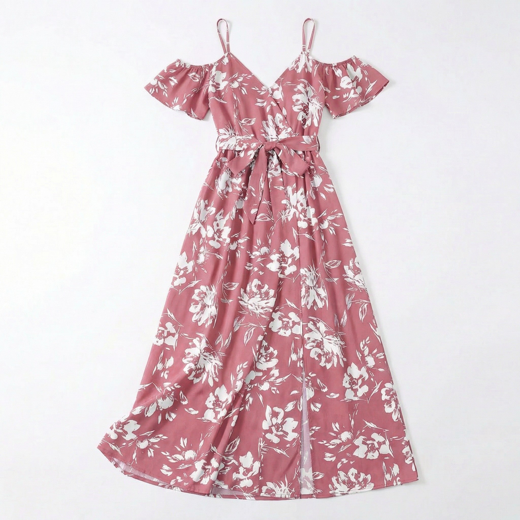 Women’s Floral Print Maxi Dress – Cold Shoulder Belted Style