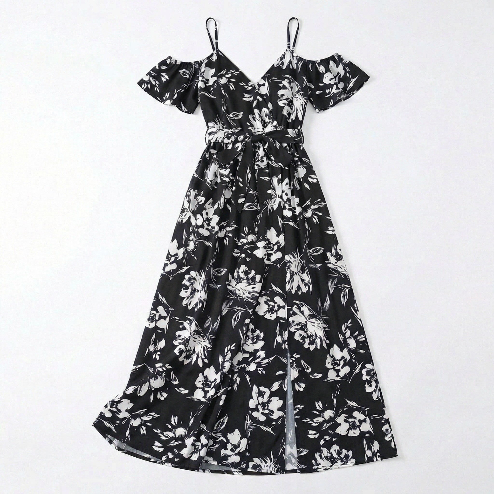 Women’s Floral Print Maxi Dress – Cold Shoulder Belted Style